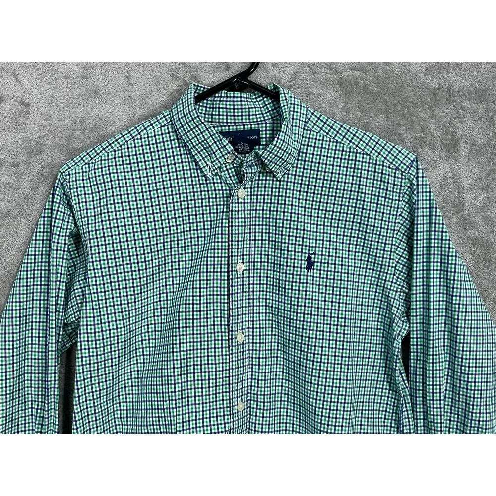 Ralph Lauren Shirt Boys Size 14-16 Blue Green Plaid Preppy Spring